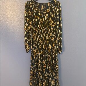 Simply Vera Vera Wang Black Long-Sleeve Floral Midi Dress with Yellow Accents
